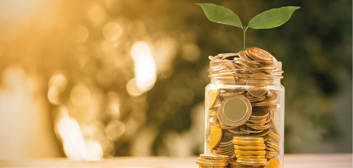 Des pièces d'argent dans un bocal en verre avec une petite pousse de plante qui ressort des pièces